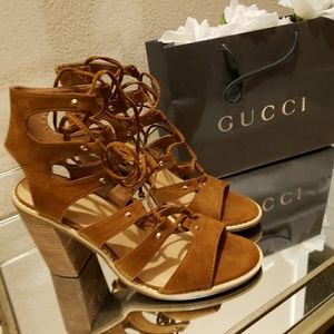 Tan Peep Toe Wedge Heels Booties Fall ♡ Suede